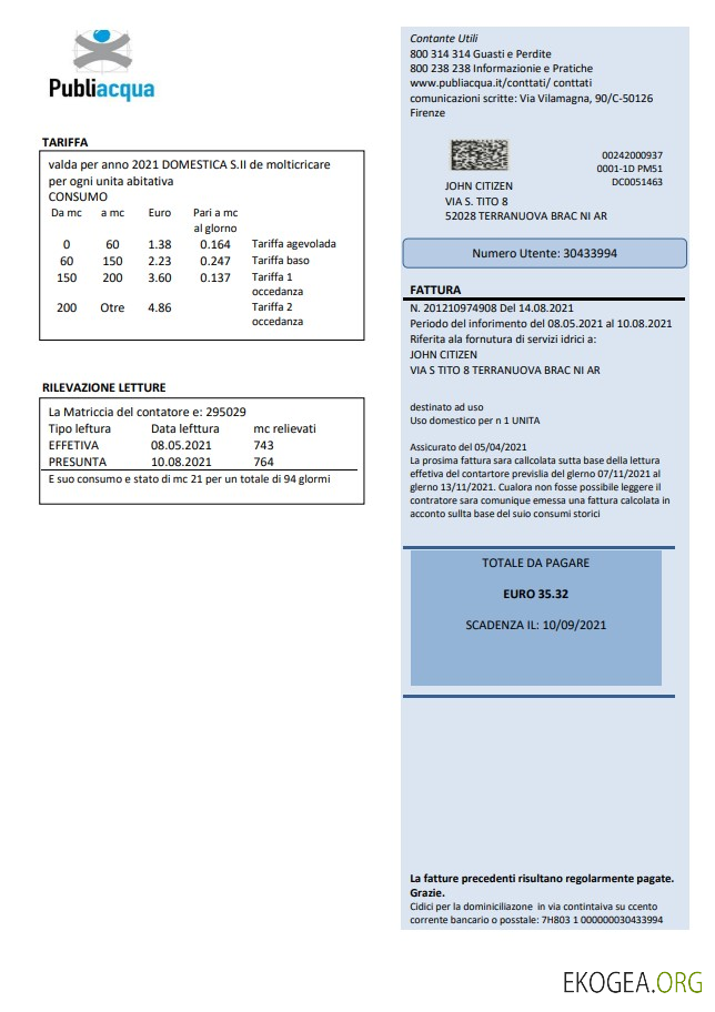 Italy Publiacqua utility bill template in Word and PDF format